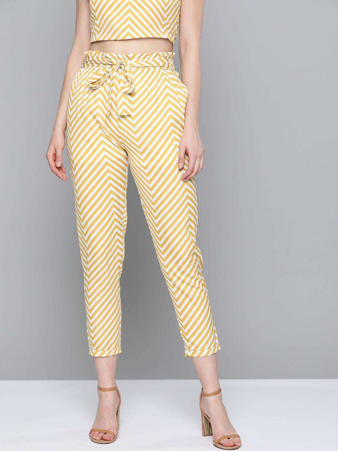sassafras mustard yellow & white chevron tapered belted trousers
