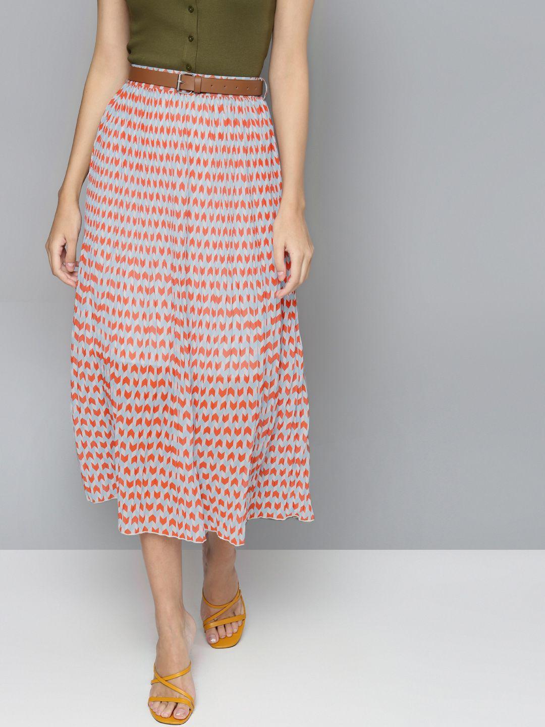 sassafras orange & blue printed accordion pleated flared belted skirt