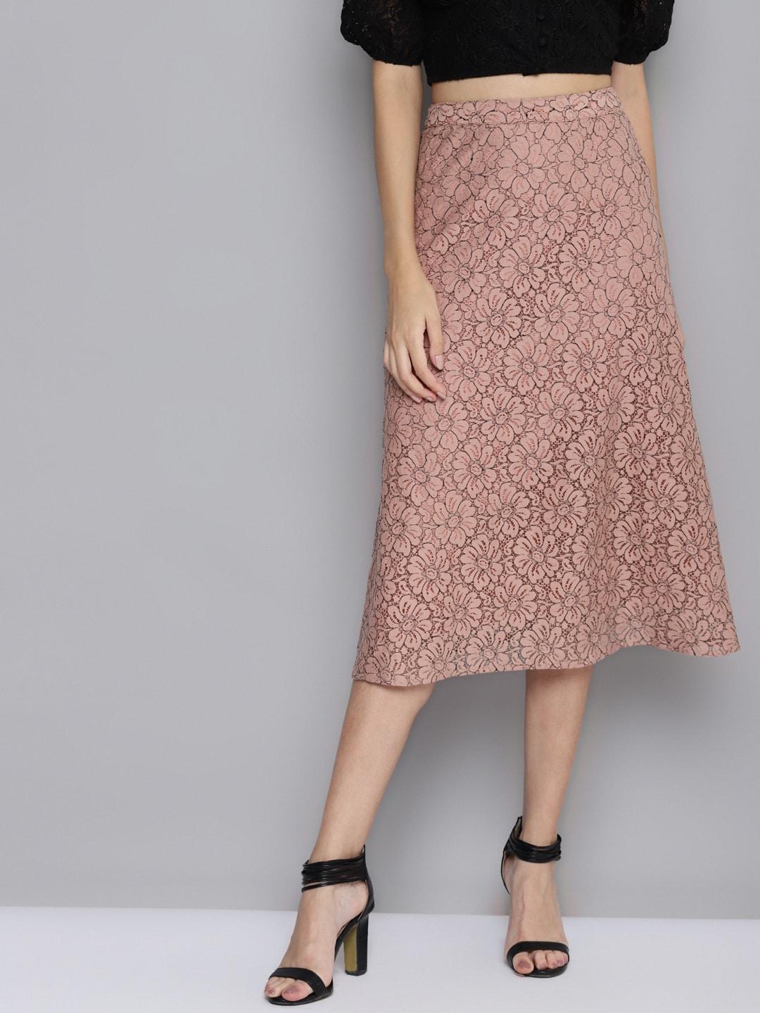 sassafras pink floral printed a-line midi skirt