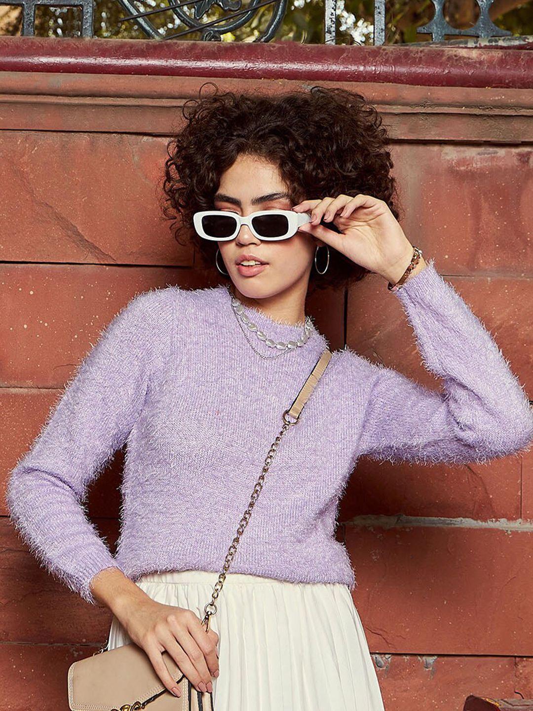 sassafras purple round neck woollen pullover sweater with fuzzy detail