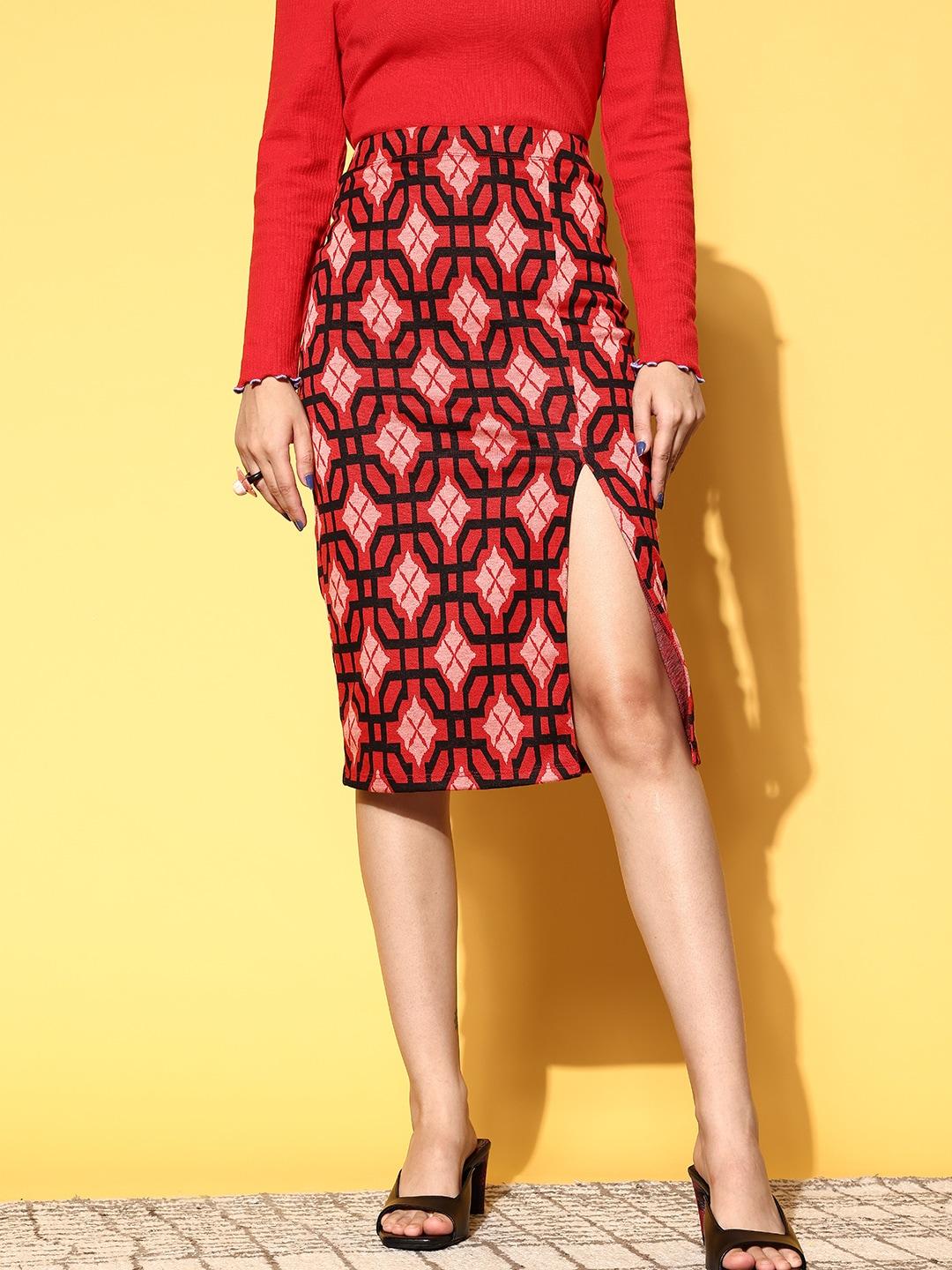 sassafras red & pink geometric knit pencil skirt