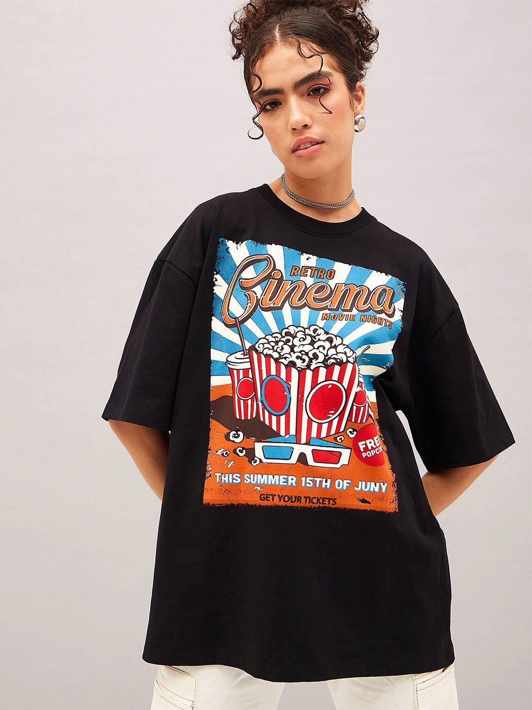 sassafras retro cinema printed drop-shoulder oversized pure cotton t-shirt