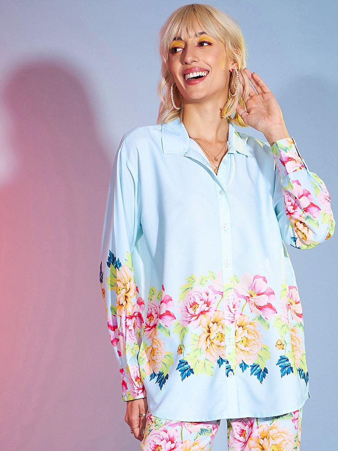 sassafras turquoise blue floral printed shirt with trousers co-ords
