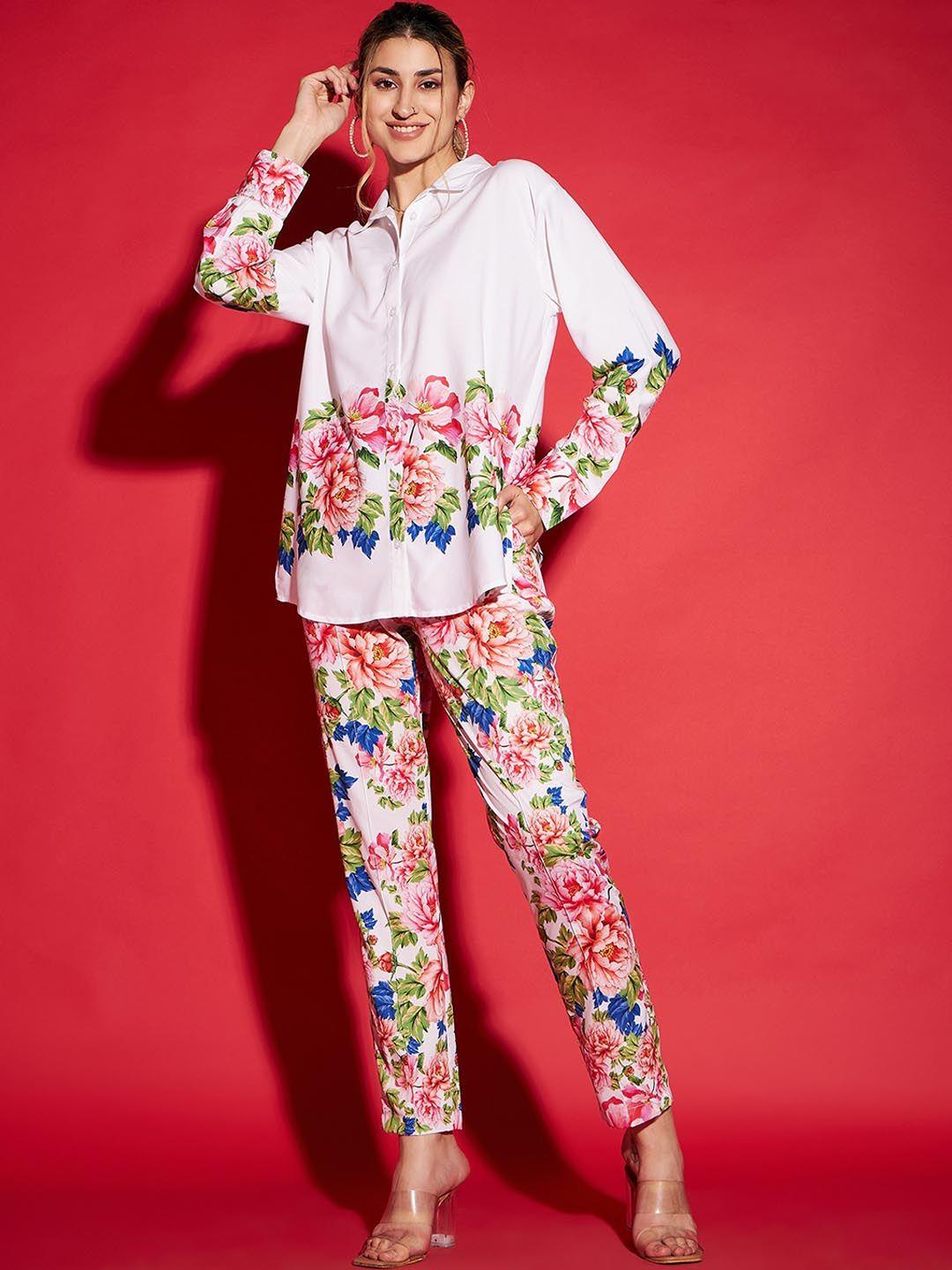 sassafras white & pink floral printed shirt collar neck shirt with trousers co-ords