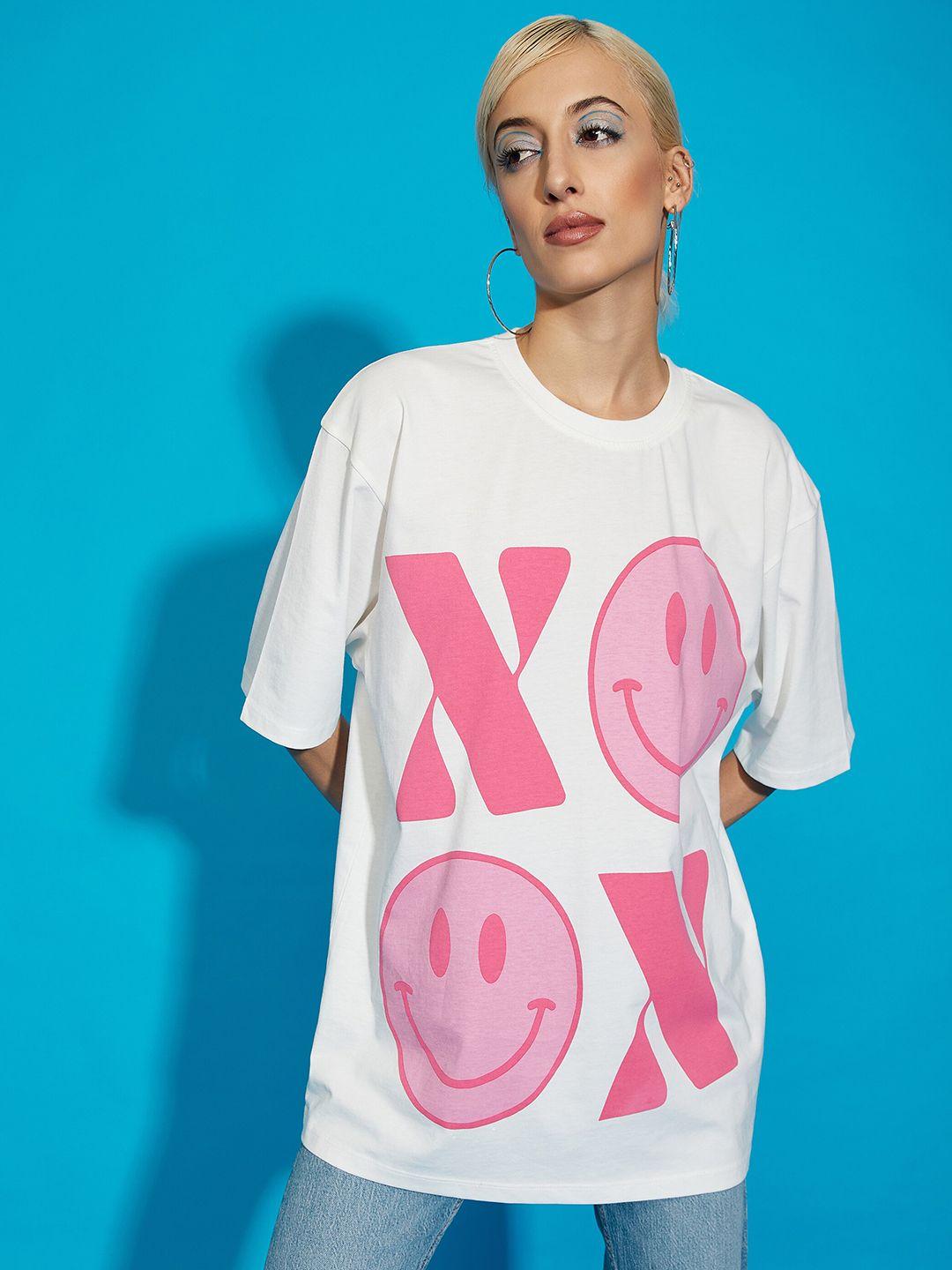 sassafras white & pink typography printed drop-shoulder sleeves oversized t-shirt
