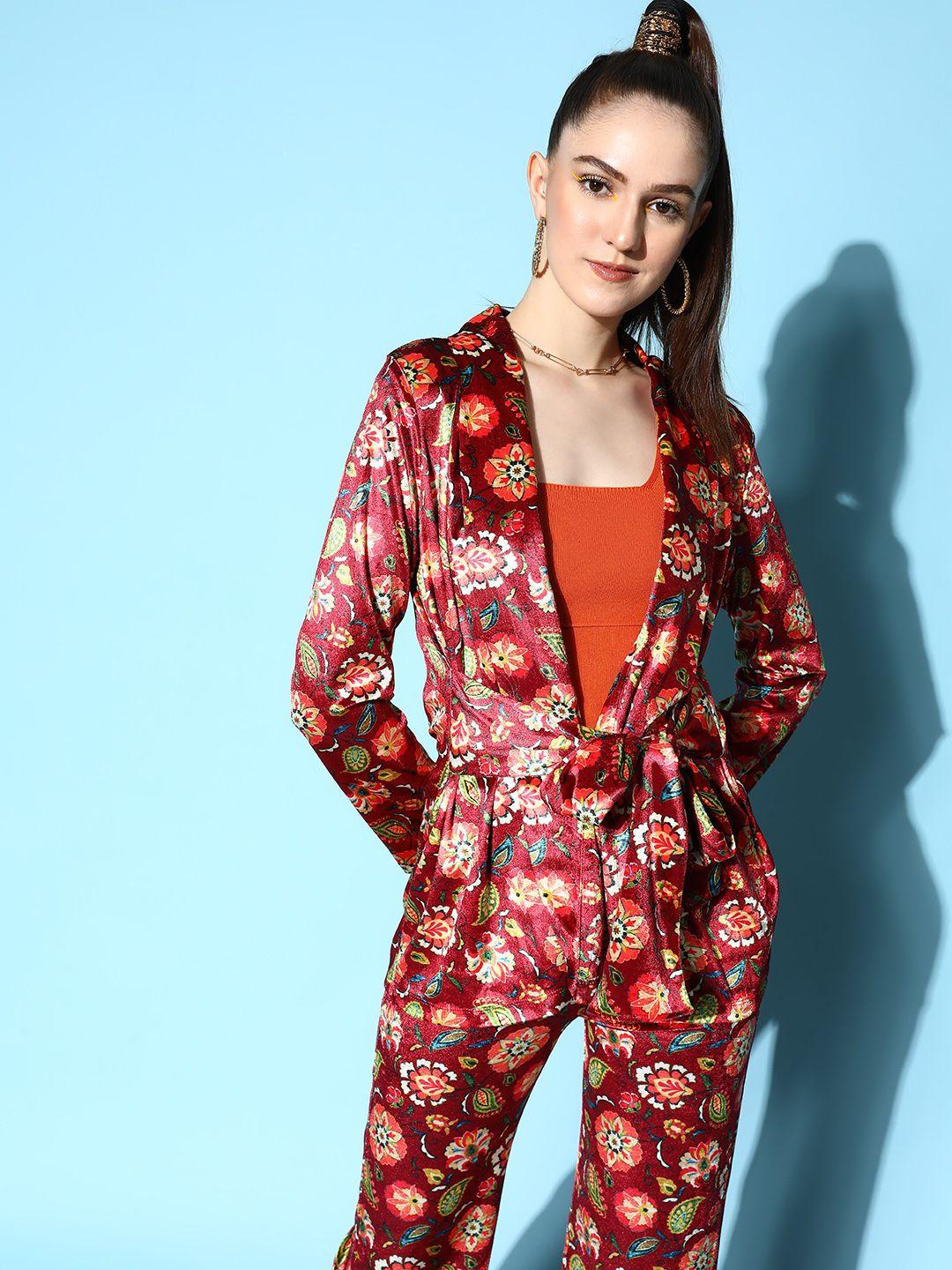 sassafras women  maroon floral belted detail jacket