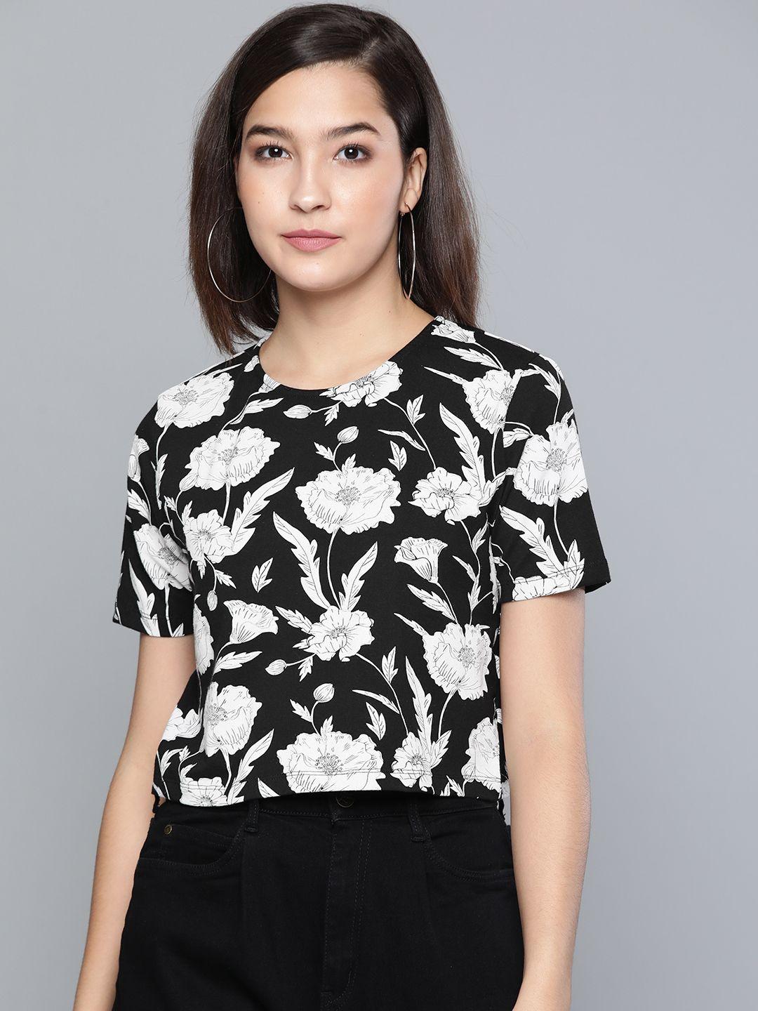 sassafras women black & white floral printed boxy t-shirt