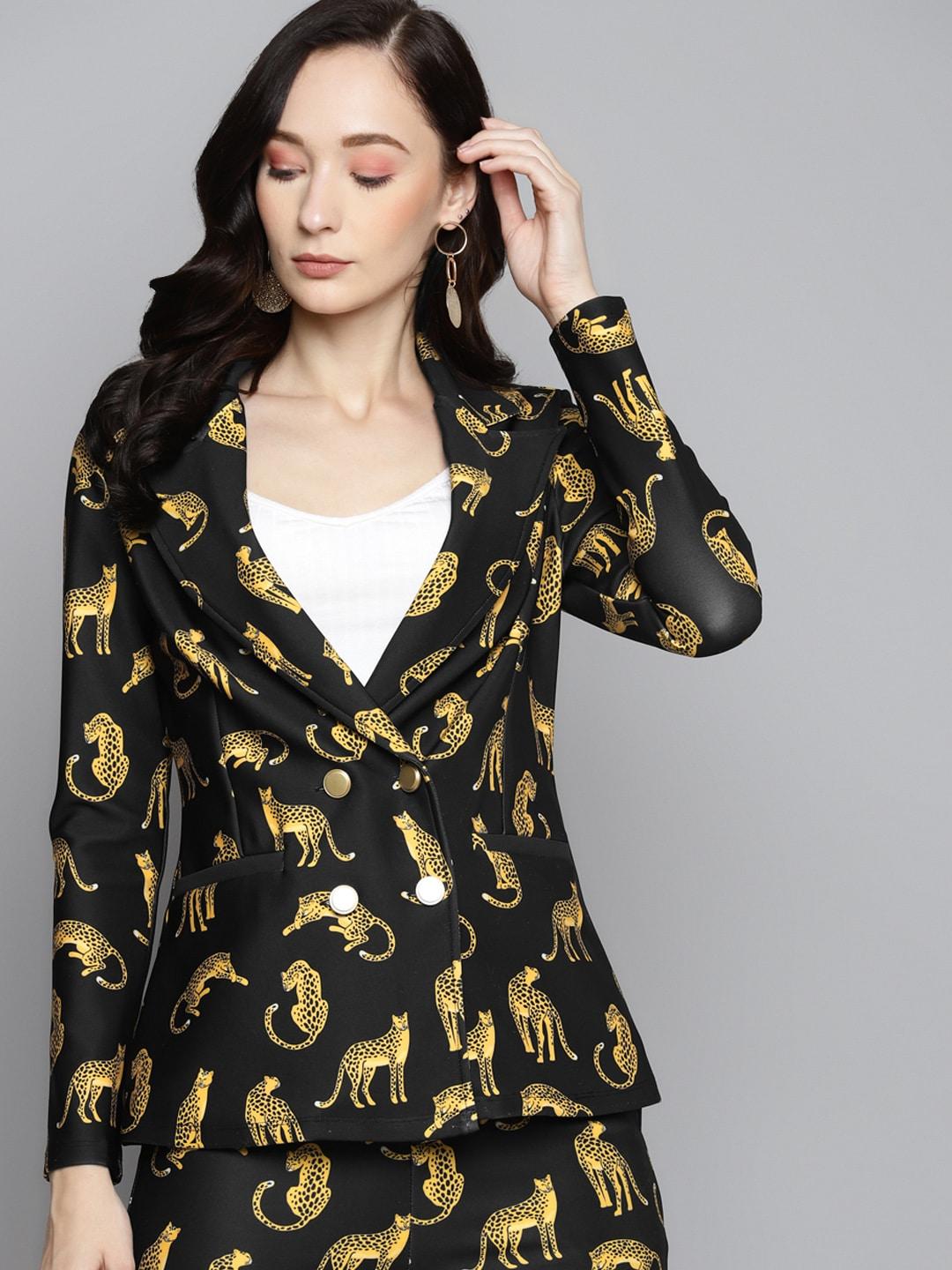 sassafras women black & yellow cheetah printed scuba relax fit blazer