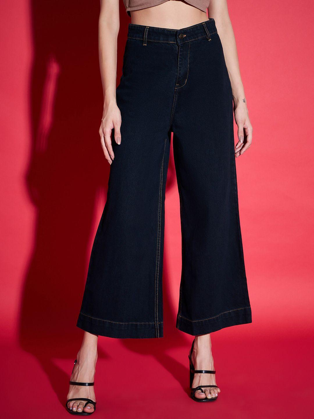 sassafras women black comfort high-rise pure cotton wide leg jeans