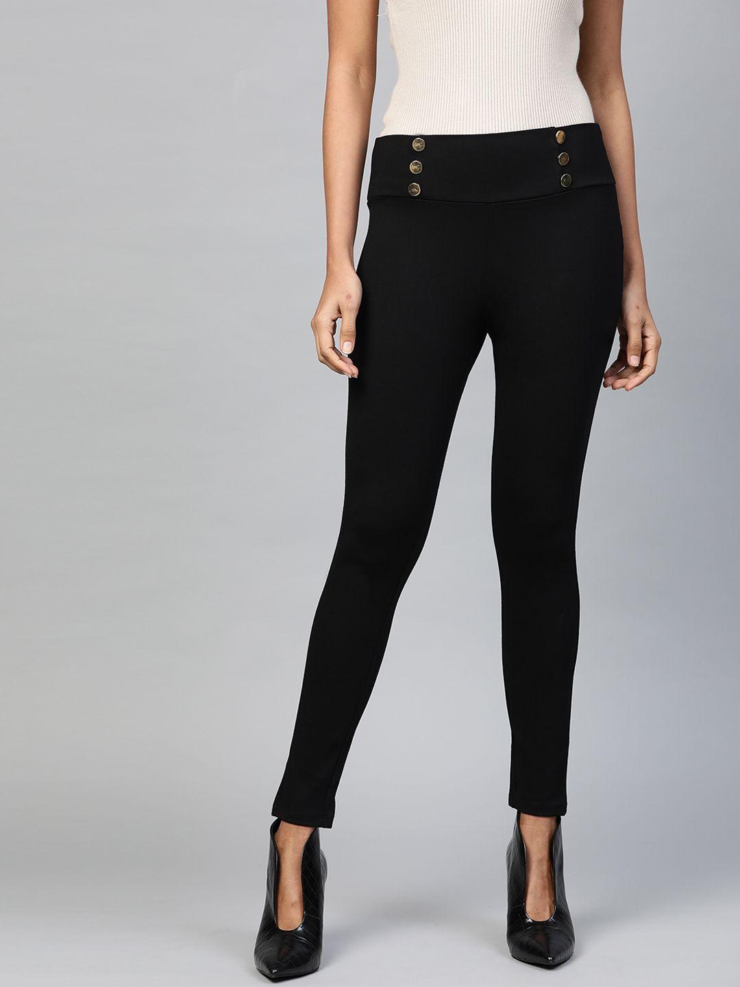 sassafras women black solid high-rise treggings with button detail
