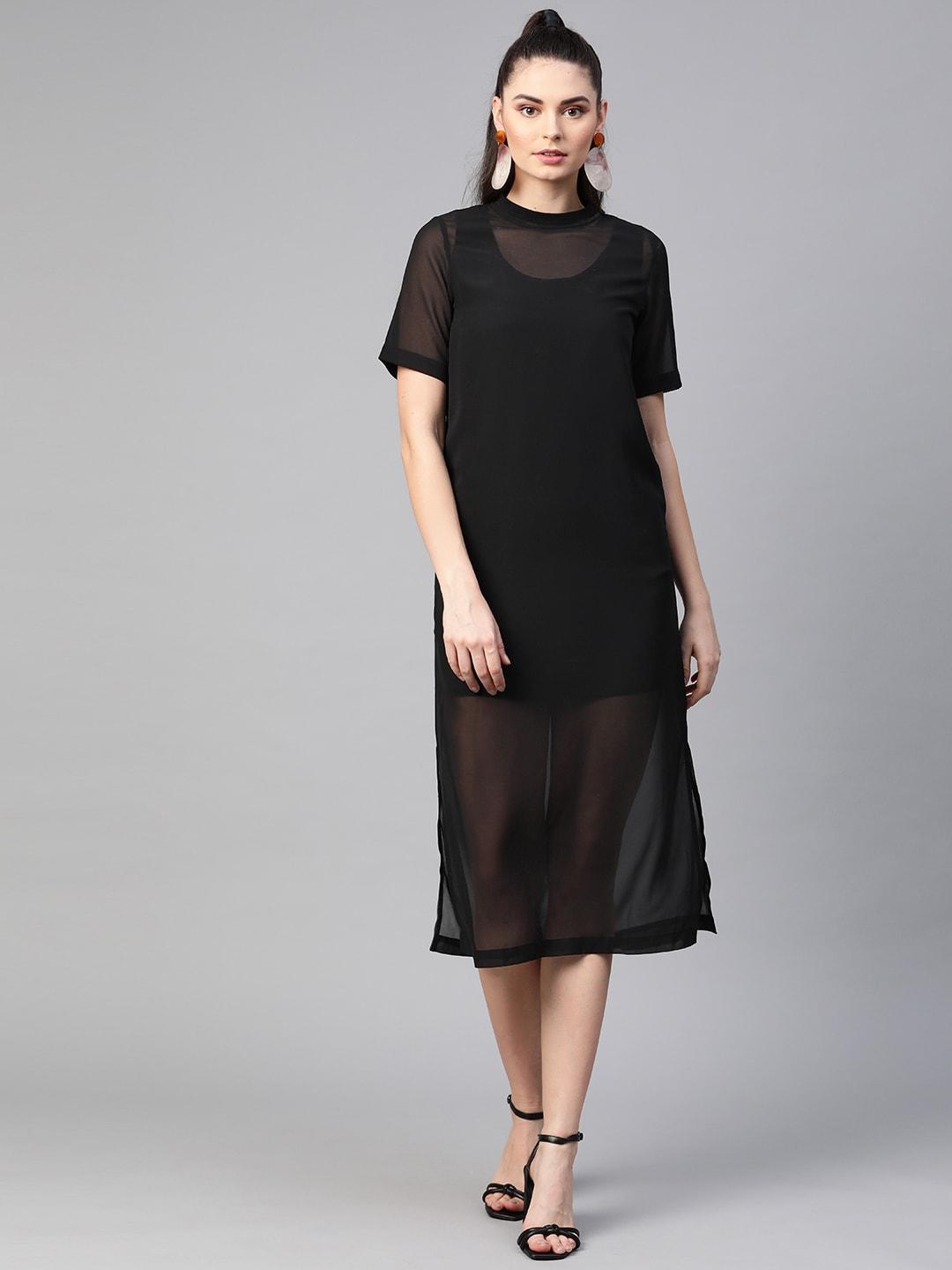 sassafras women black solid semi sheer midi layered shift dress