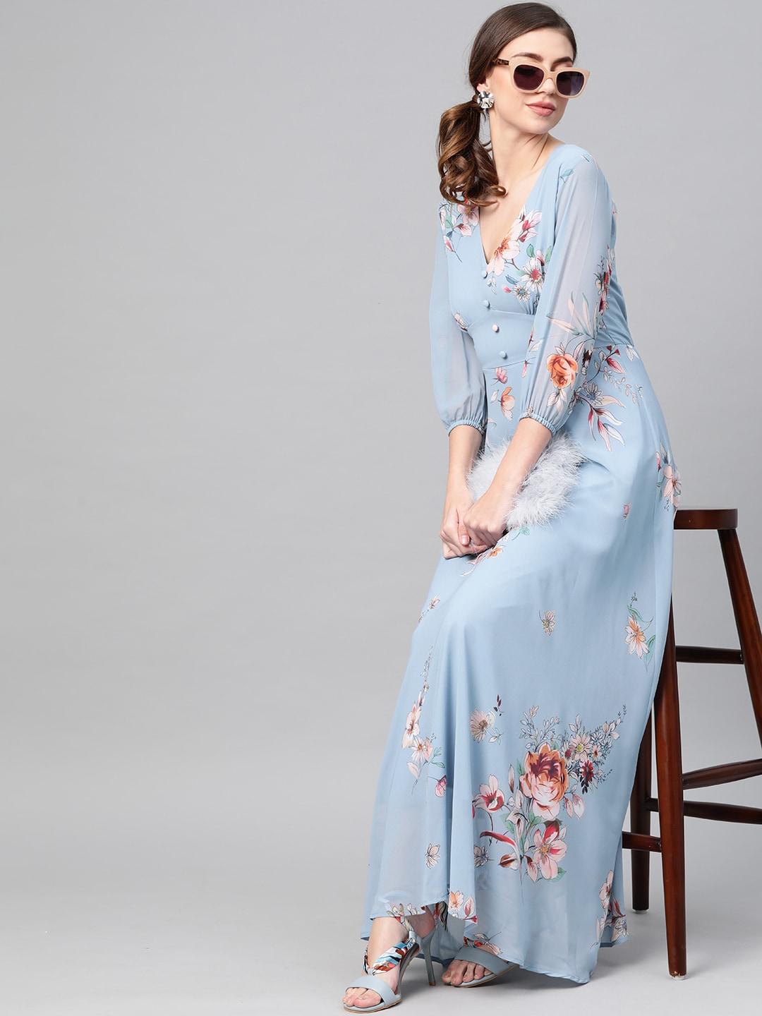 sassafras women blue & peach-coloured printed maxi dress