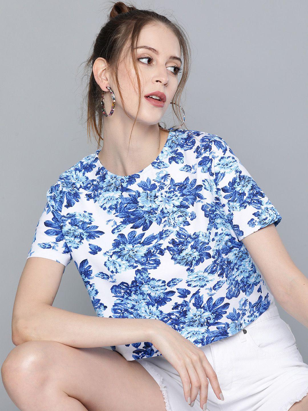 sassafras women blue & white floral printed boxy t-shirt