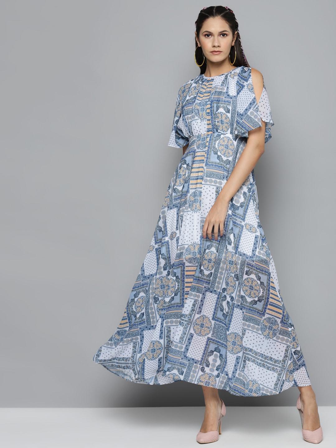 sassafras women blue & white geometric printed maxi dress