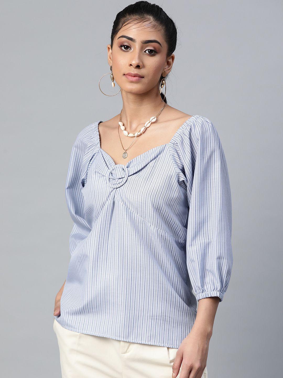 sassafras women blue & white striped puff sleeves top