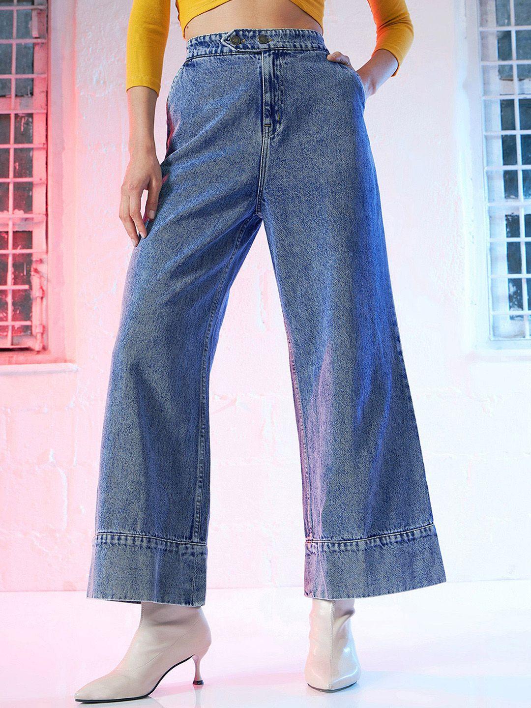 sassafras women blue comfort heavy fade wide leg pure cotton jeans