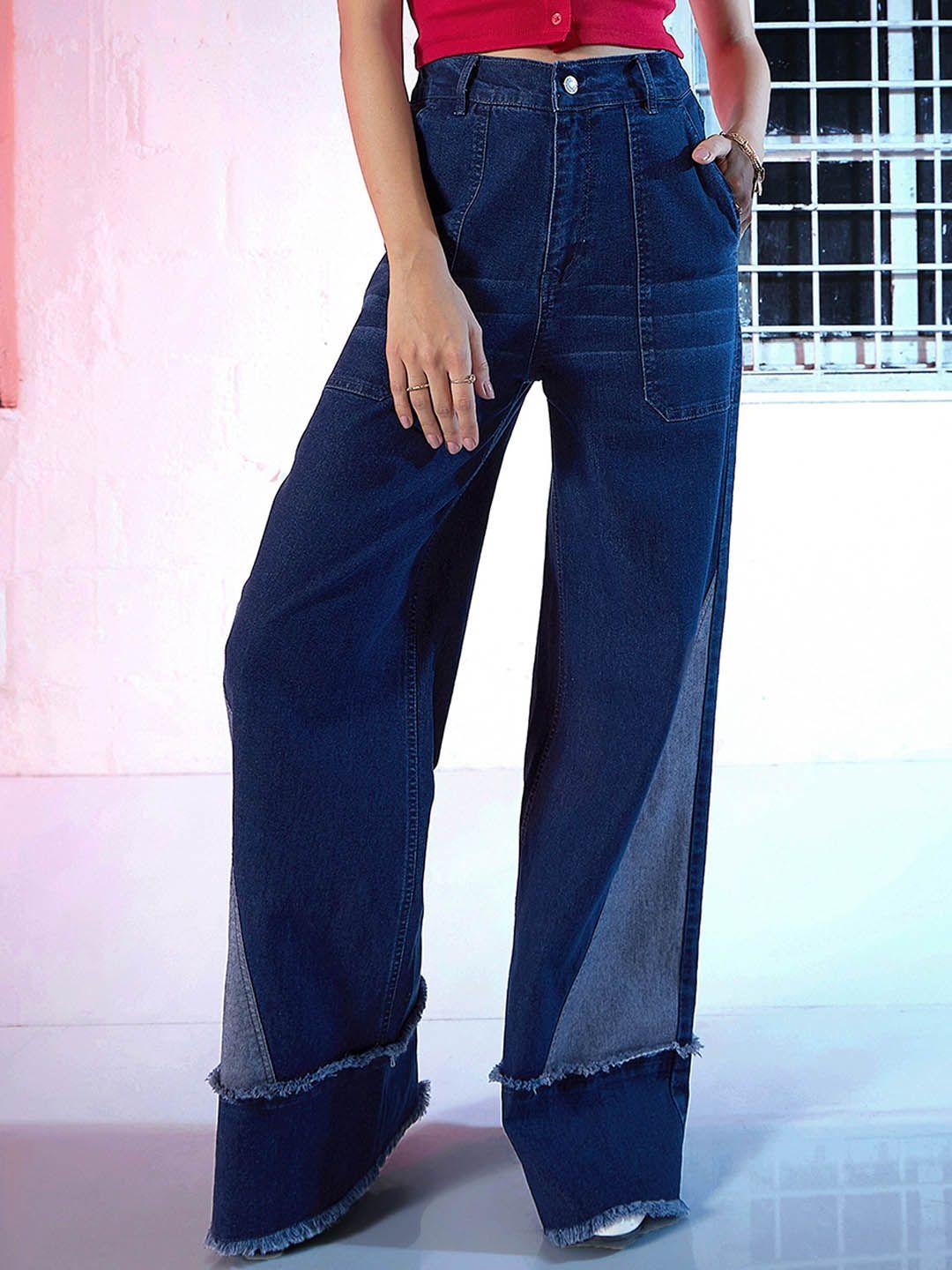 sassafras women blue wide leg high-rise low distress stretchable jeans