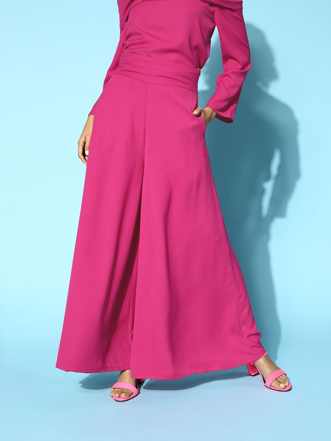 sassafras women bright fuchsia solid high-rise trousers