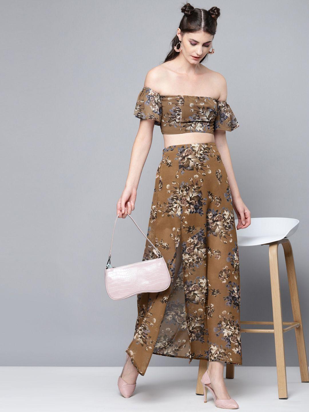 sassafras women brown & blue floral printed front slit a-line maxi skirt