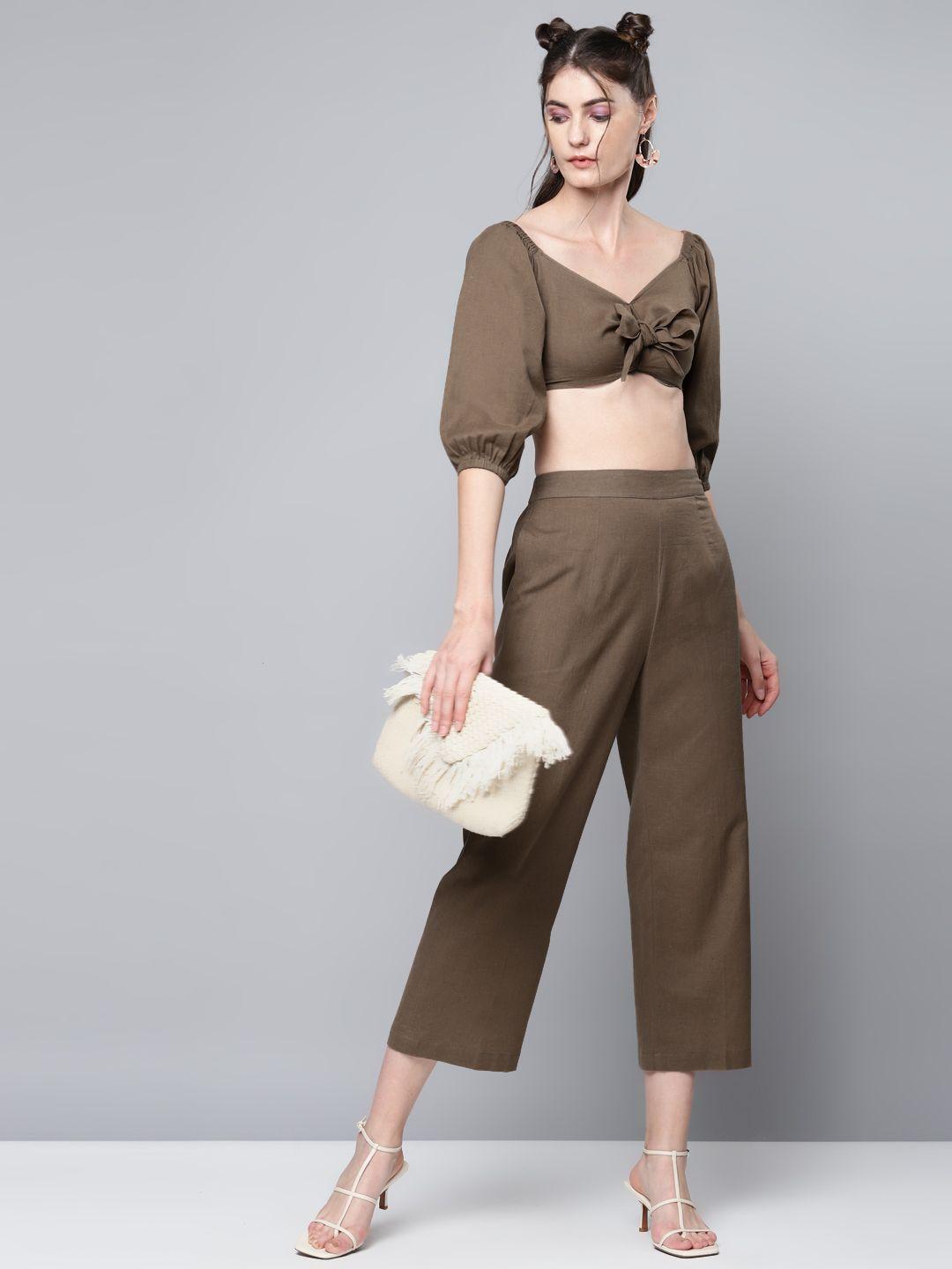sassafras women brown cotton linen high-rise culottes trousers