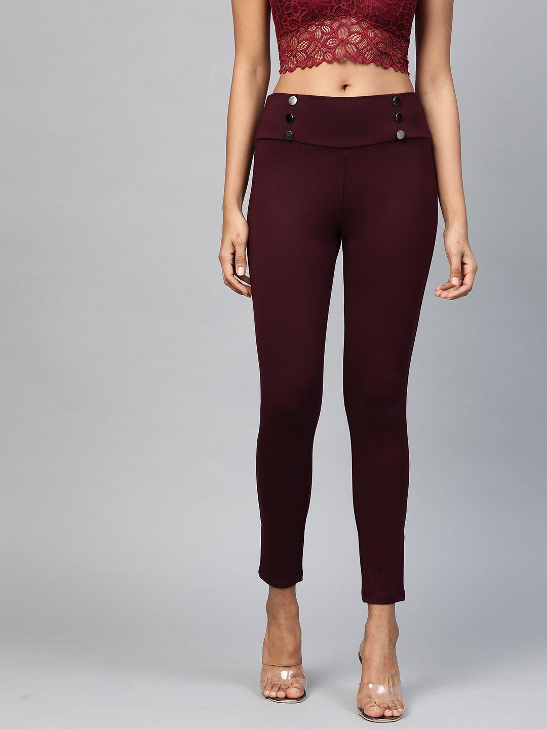 sassafras women burgundy slim fit solid high waist cropped treggings