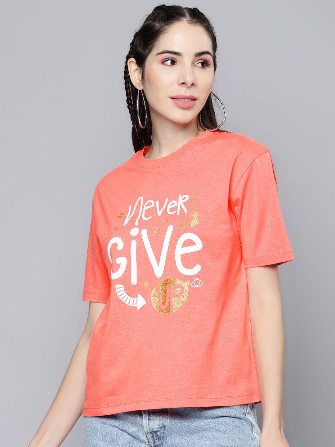 sassafras women coral orange & white typography printed pure cotton t-shirt