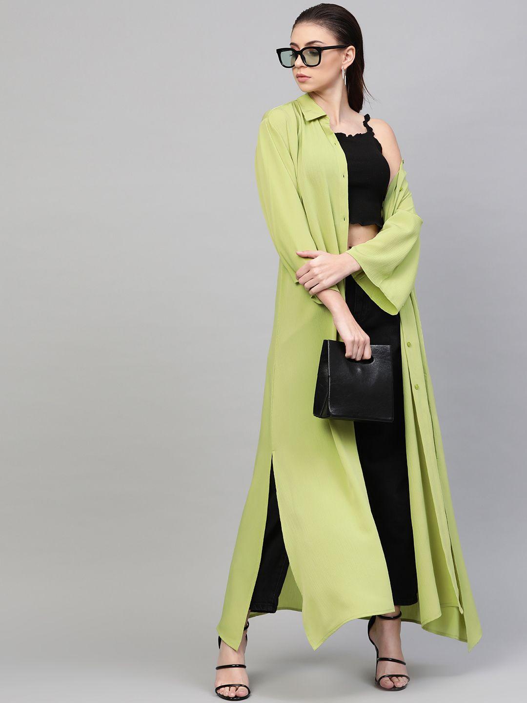 sassafras women fluorescent green solid longline shirt style shrug