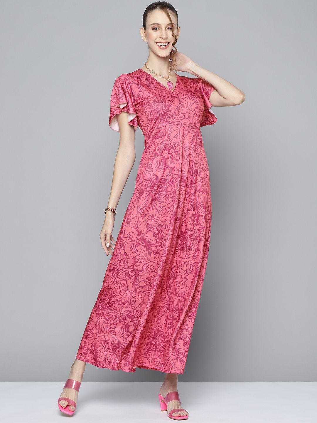 sassafras women fuchsia floral printed maxi dress