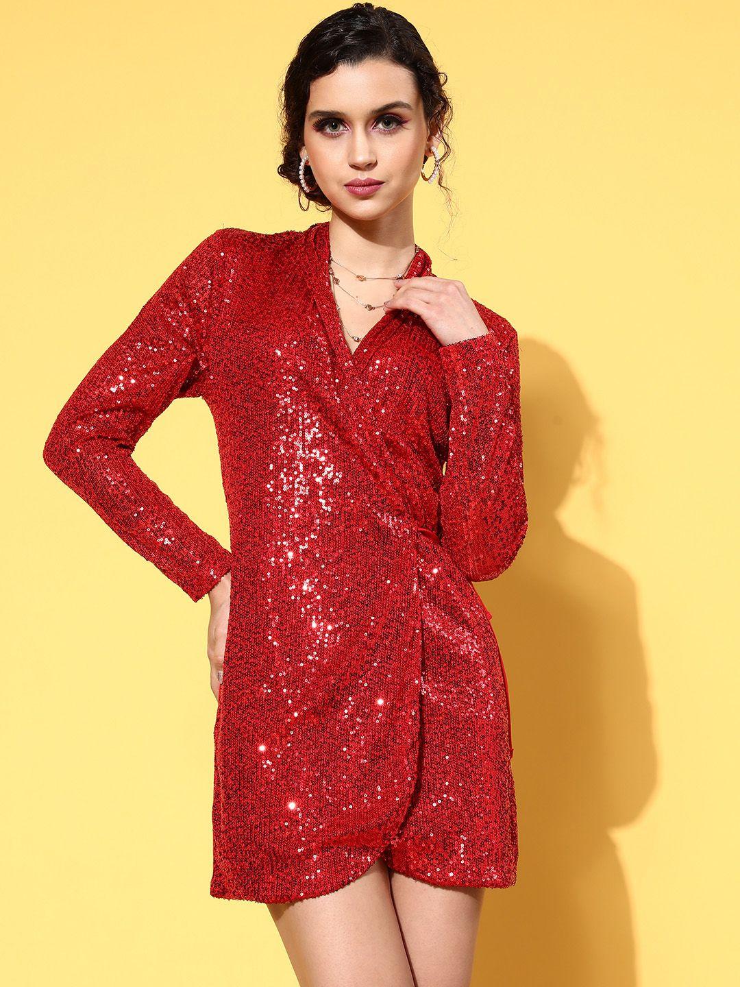 sassafras women gorgeous red solid shimmer & sequin dress