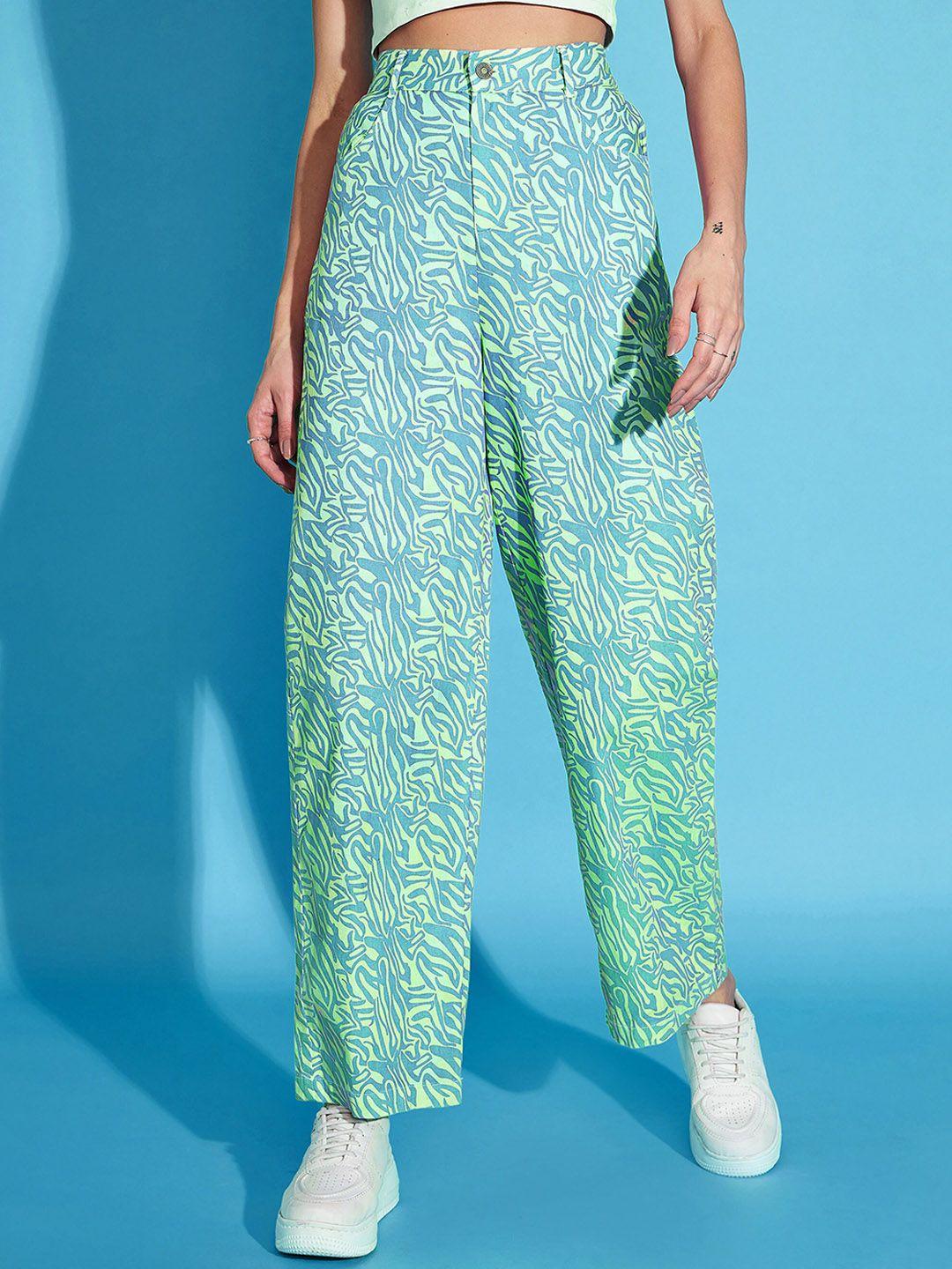 sassafras women green & blue abstract printed pure cotton parallel trousers