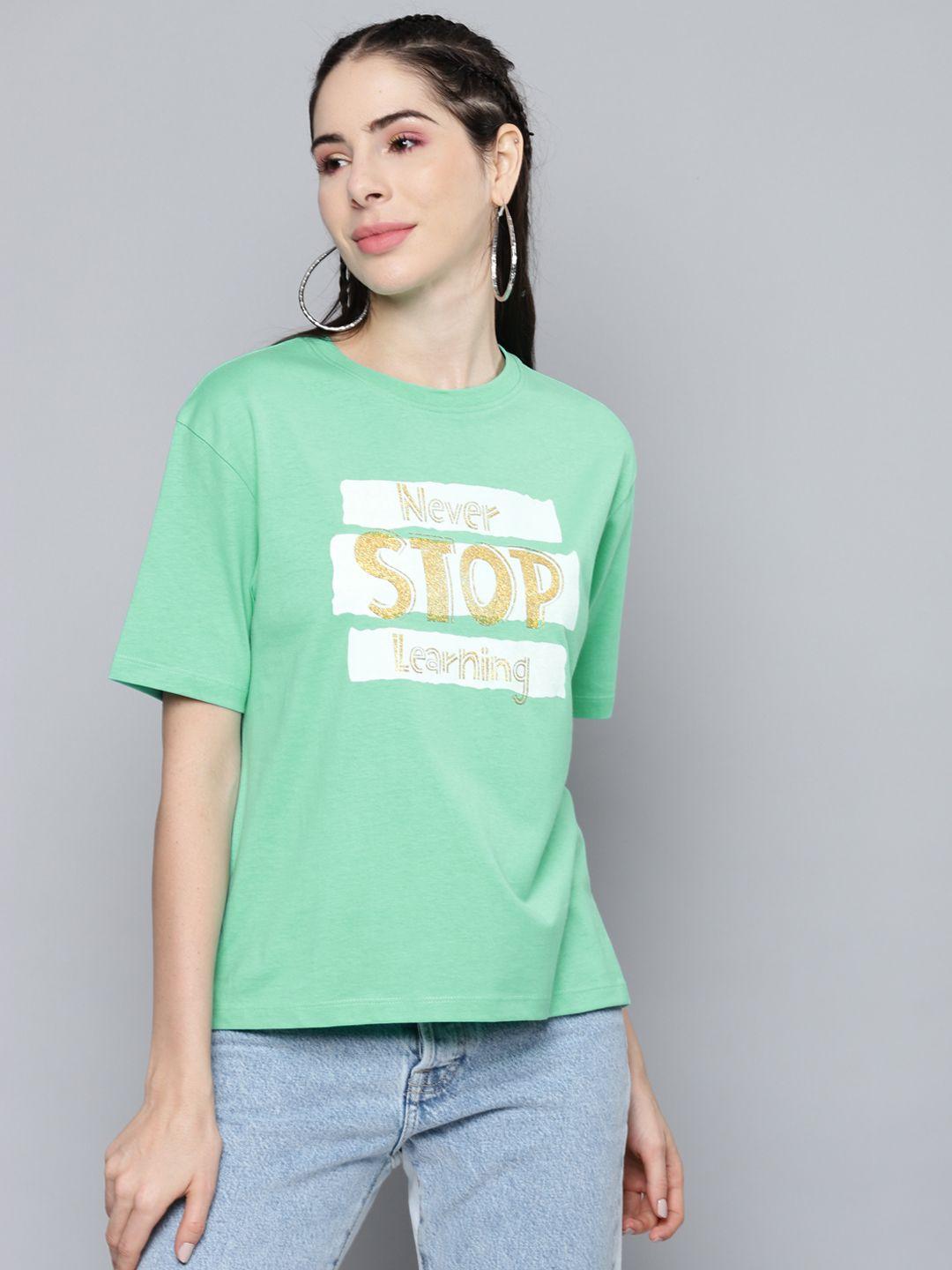 sassafras women green & white pure cotton printed drop-shoulder sleeves t-shirt