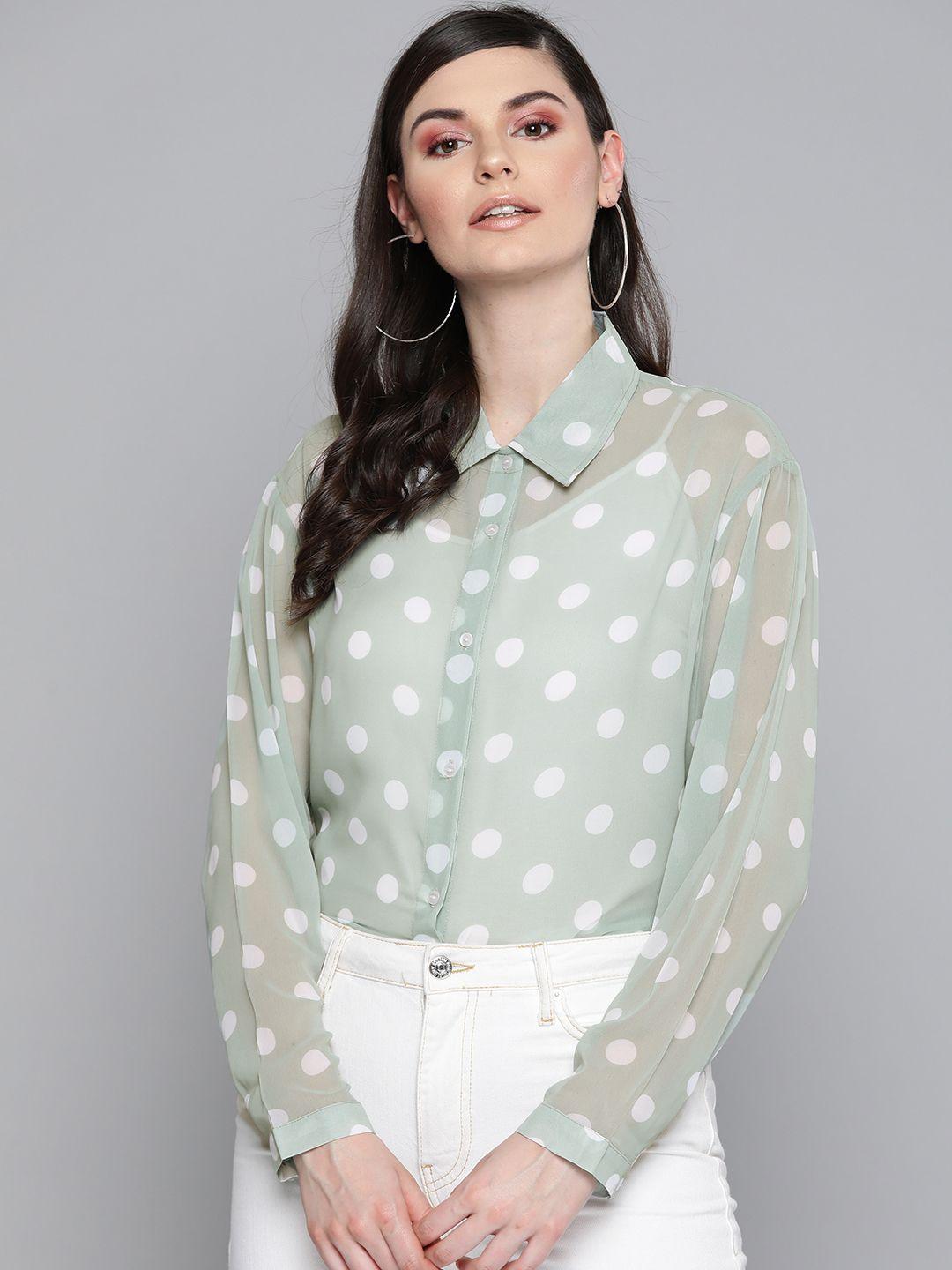 sassafras women green & white regular fit sheer polka dots print casual shirt