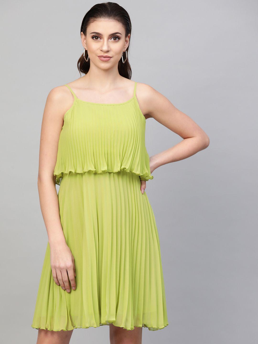 sassafras women green solid accordion pleated a-line dress