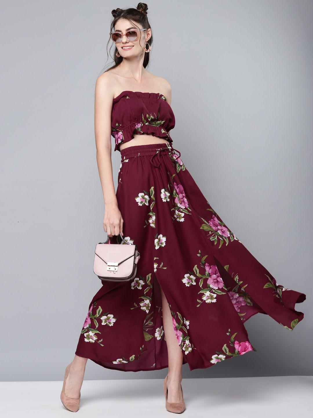 sassafras women maroon floral print flared maxi skirt