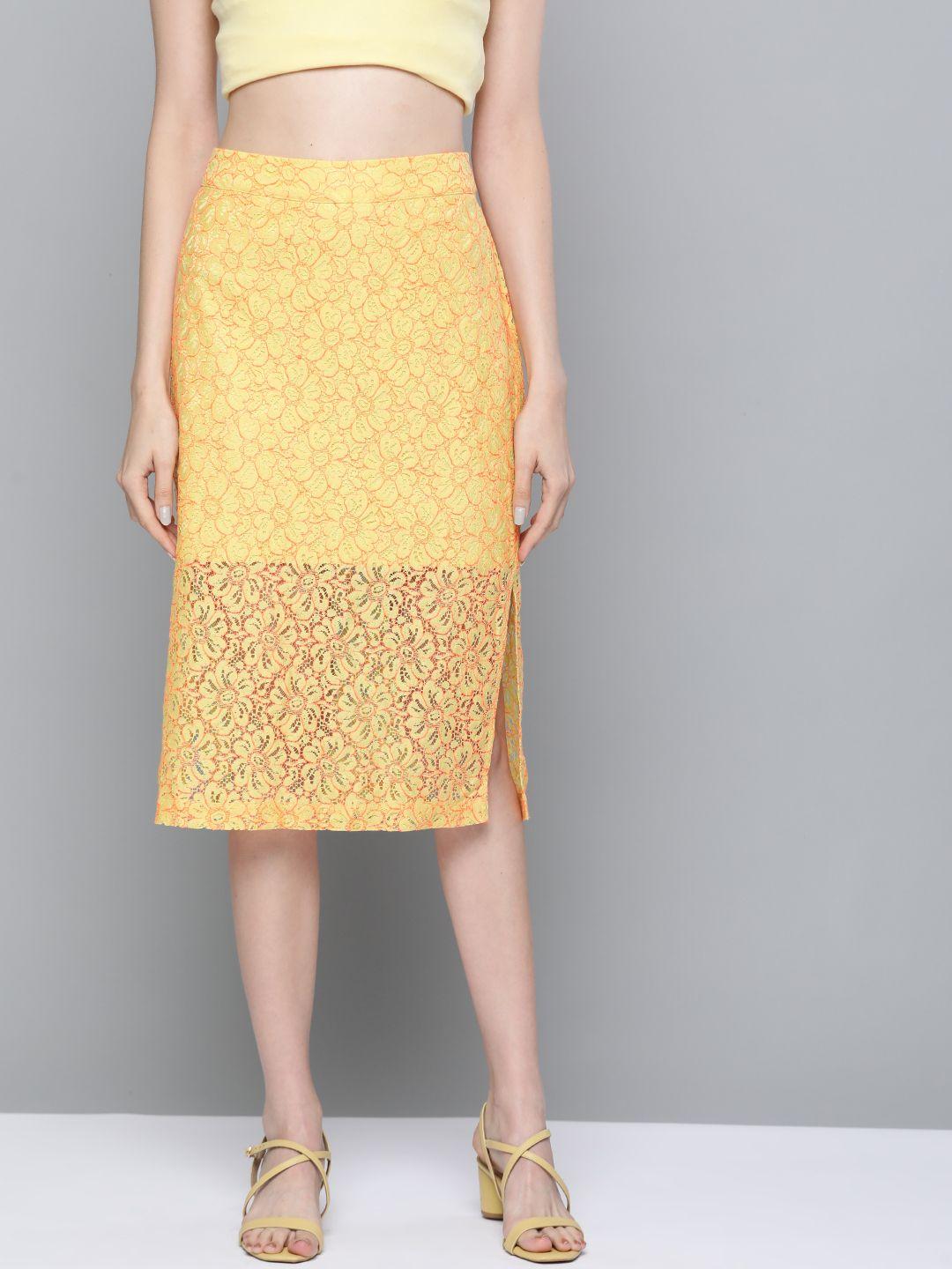 sassafras women mustard yellow & pink floral lace design midi a-line skirt with side slit