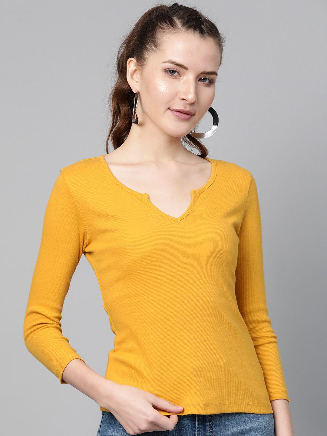 sassafras women mustard yellow ribbed round neck t-shirt