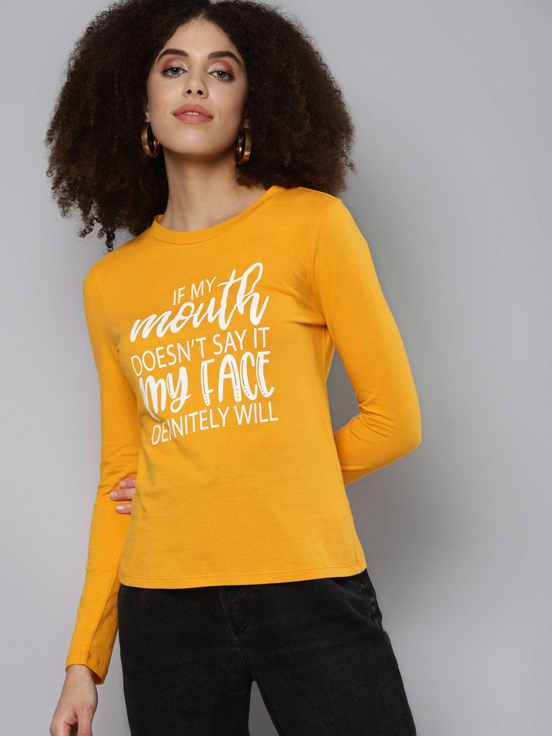 sassafras women mustard yellow typography printed t-shirt