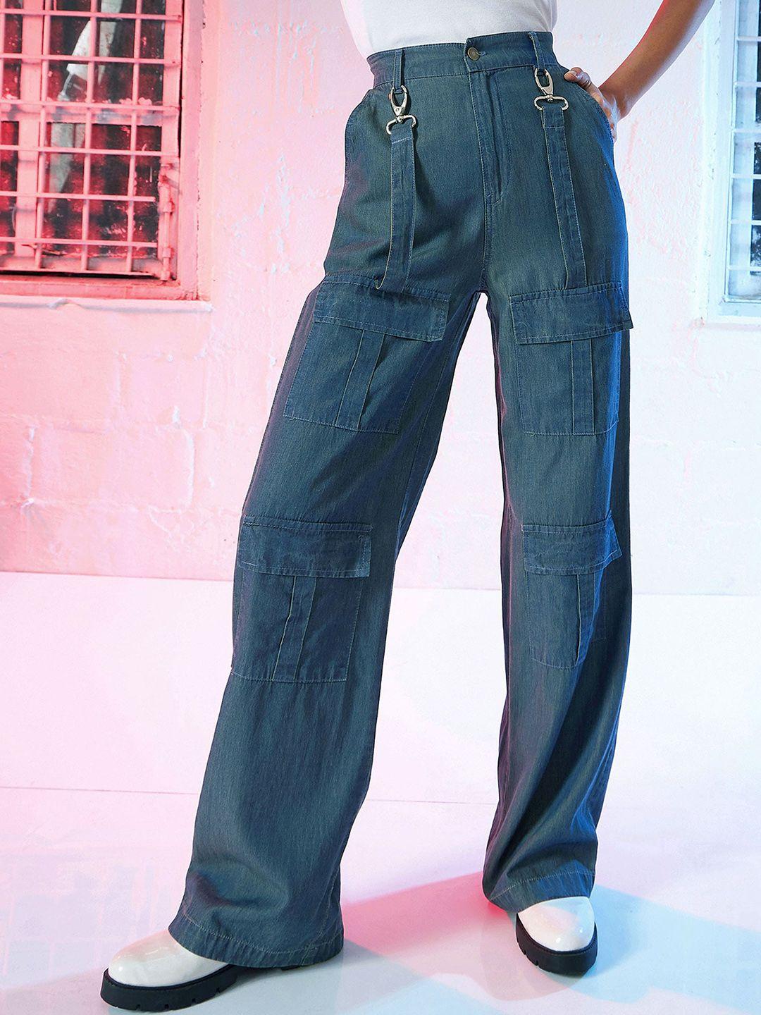 sassafras women navy blue straight fit high-rise trousers