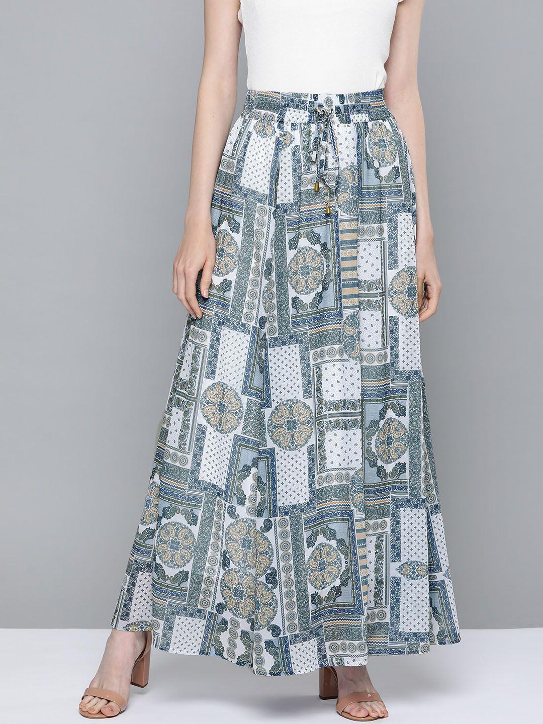 sassafras women off-white & blue ethnic motif printed flared skirt