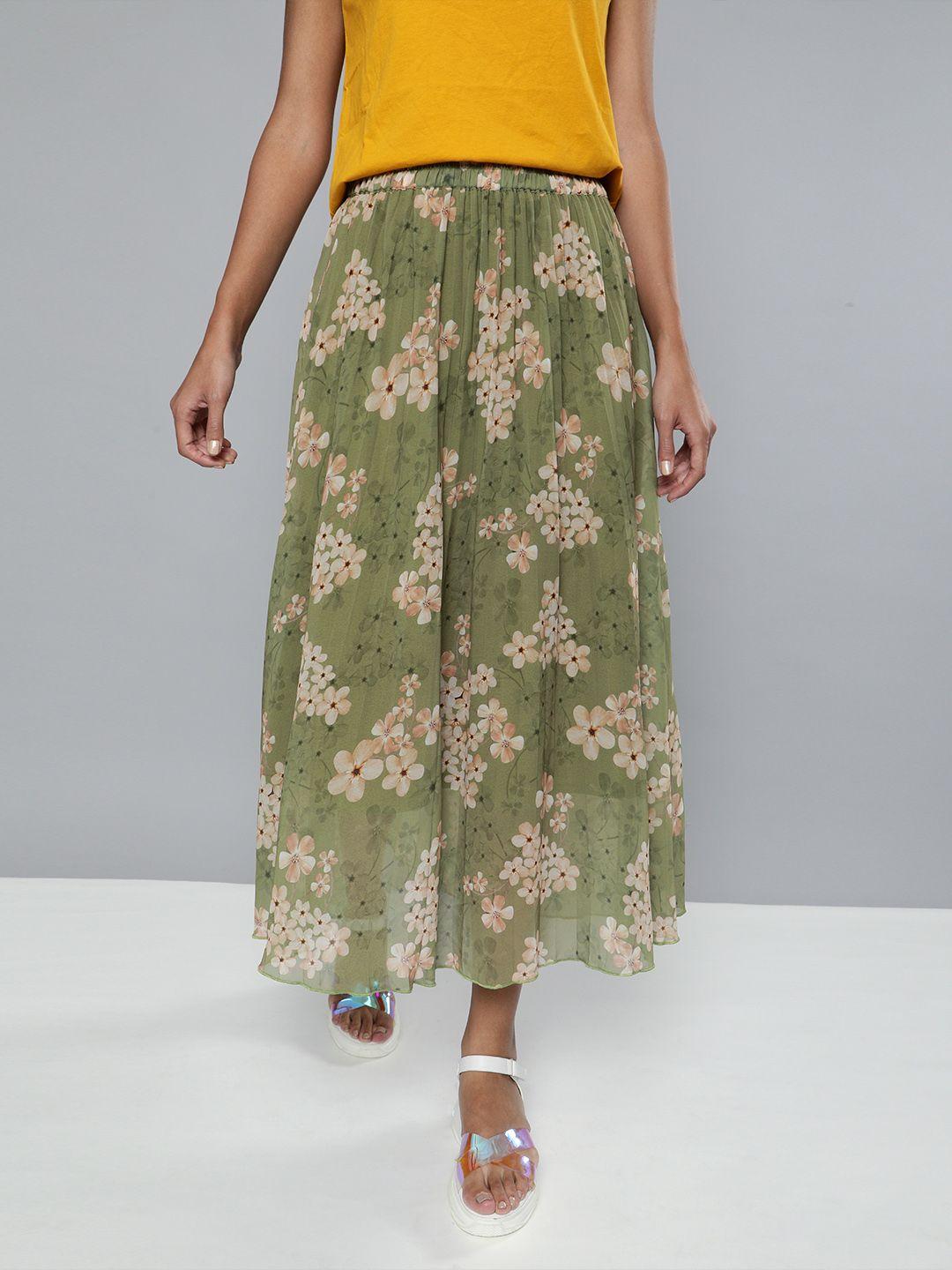 sassafras women olive green & beige floral printed pleated flared skirt
