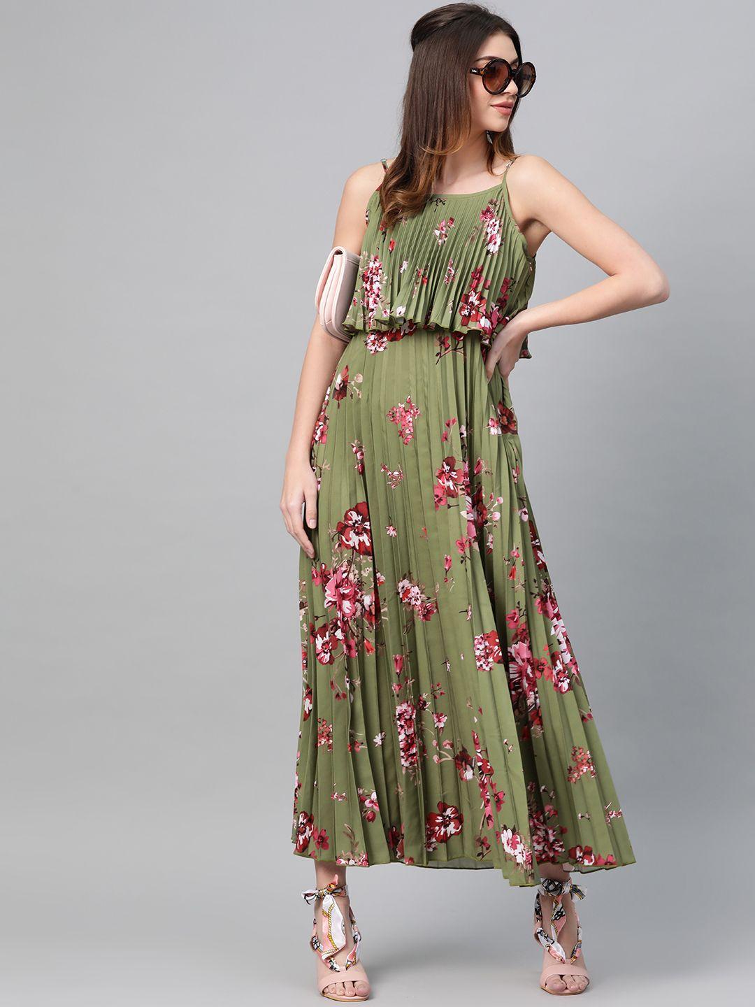 sassafras women olive green & pink accordion pleat printed maxi dress