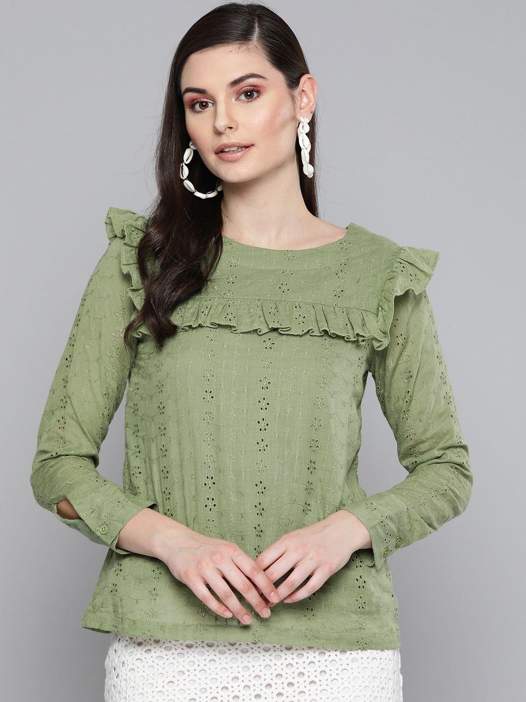 sassafras women olive green schiffli embroidered pure cotton top