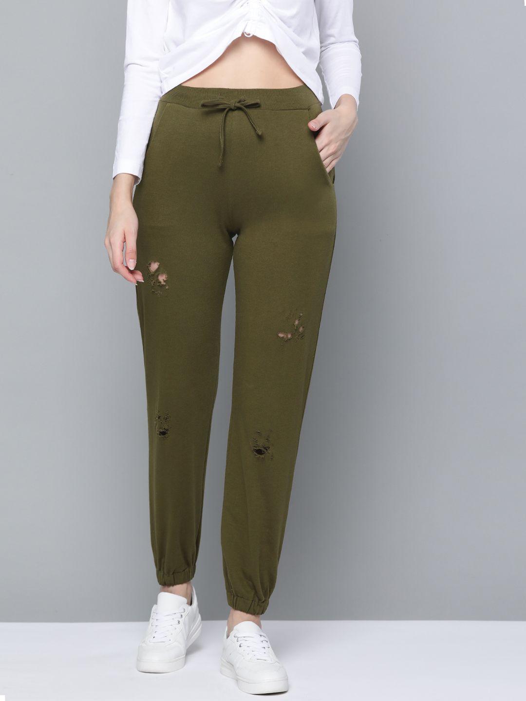 sassafras women olive green solid ribbed high-rise joggers