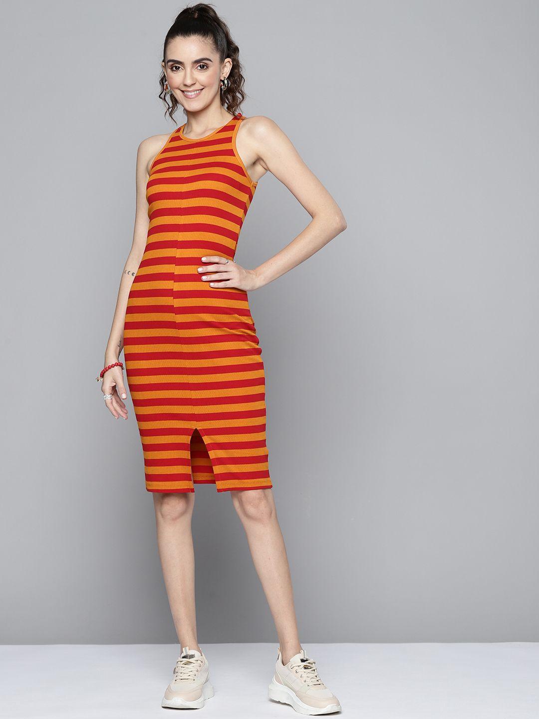 sassafras women orange & red striped sheath dress