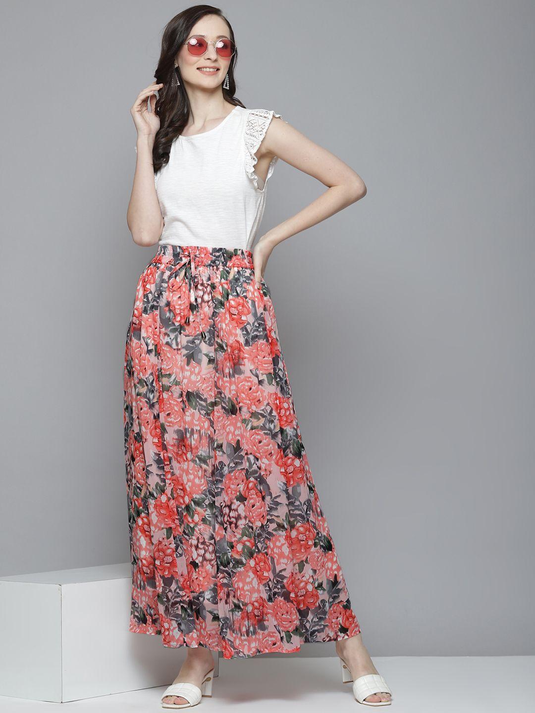 sassafras women pink & grey floral printed maxi a-line skirt