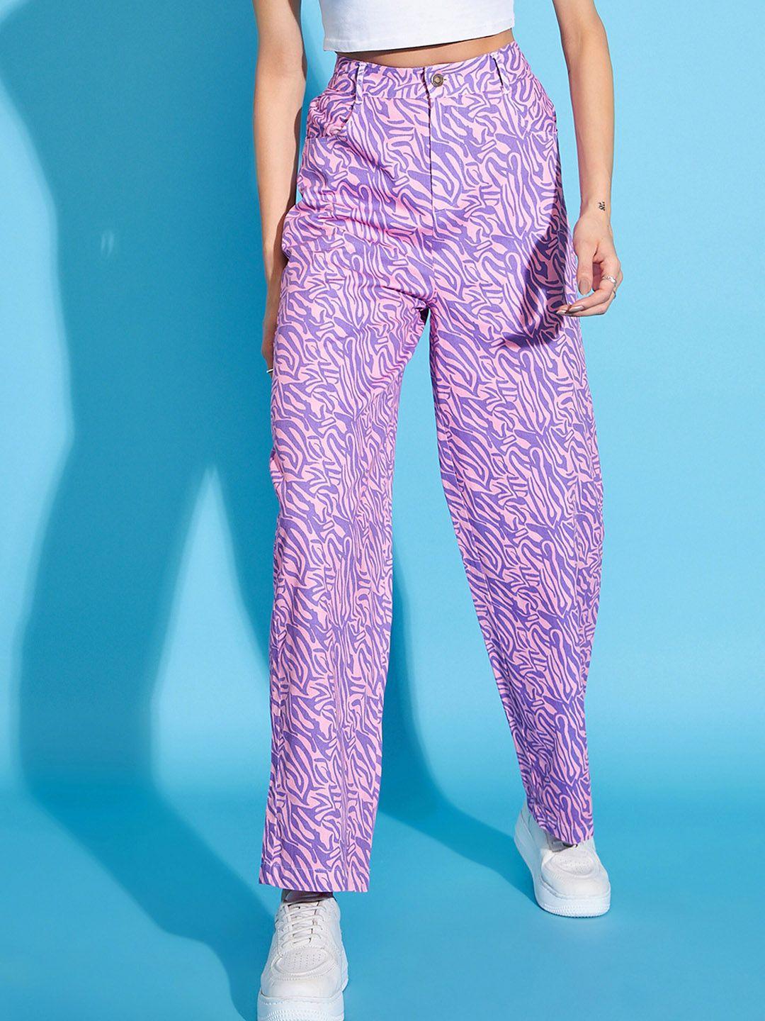sassafras women purple abstract printed pure cotton parallel trousers