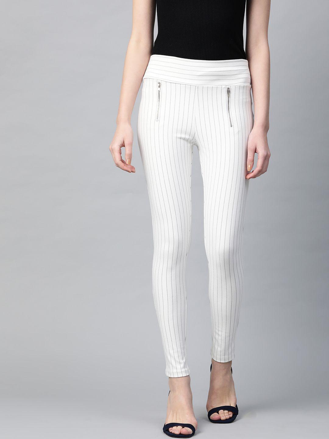 sassafras women white & navy blue slim fit striped treggings