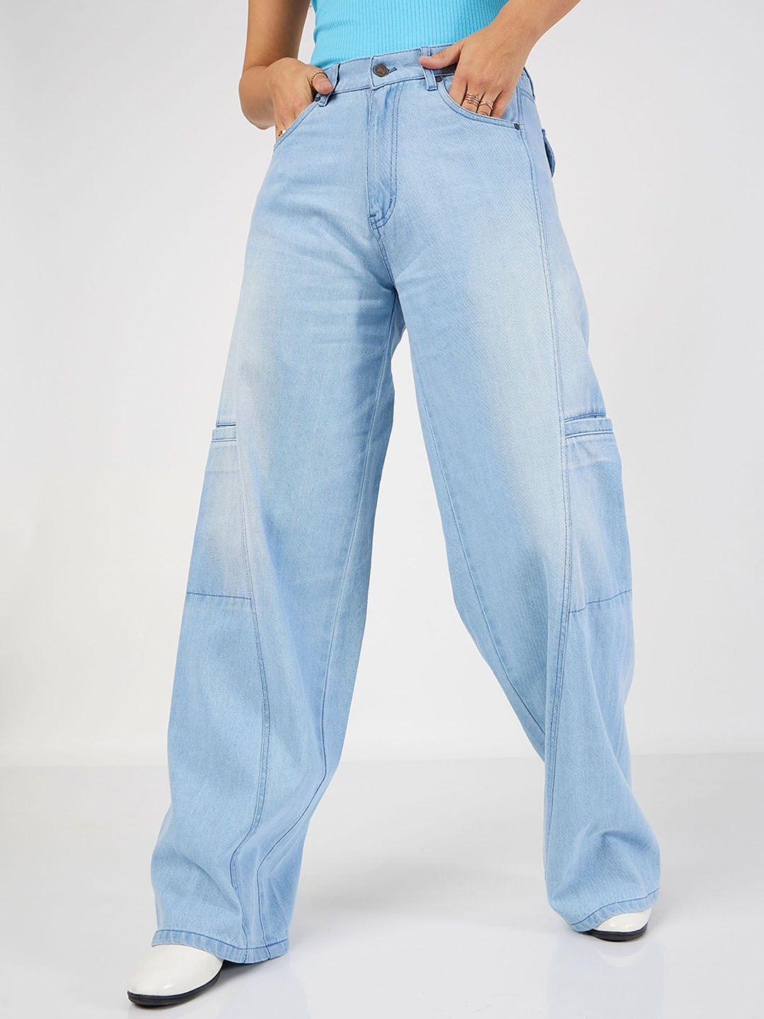 sassafras women wide leg high-rise clean look light fade pure cotton jeans