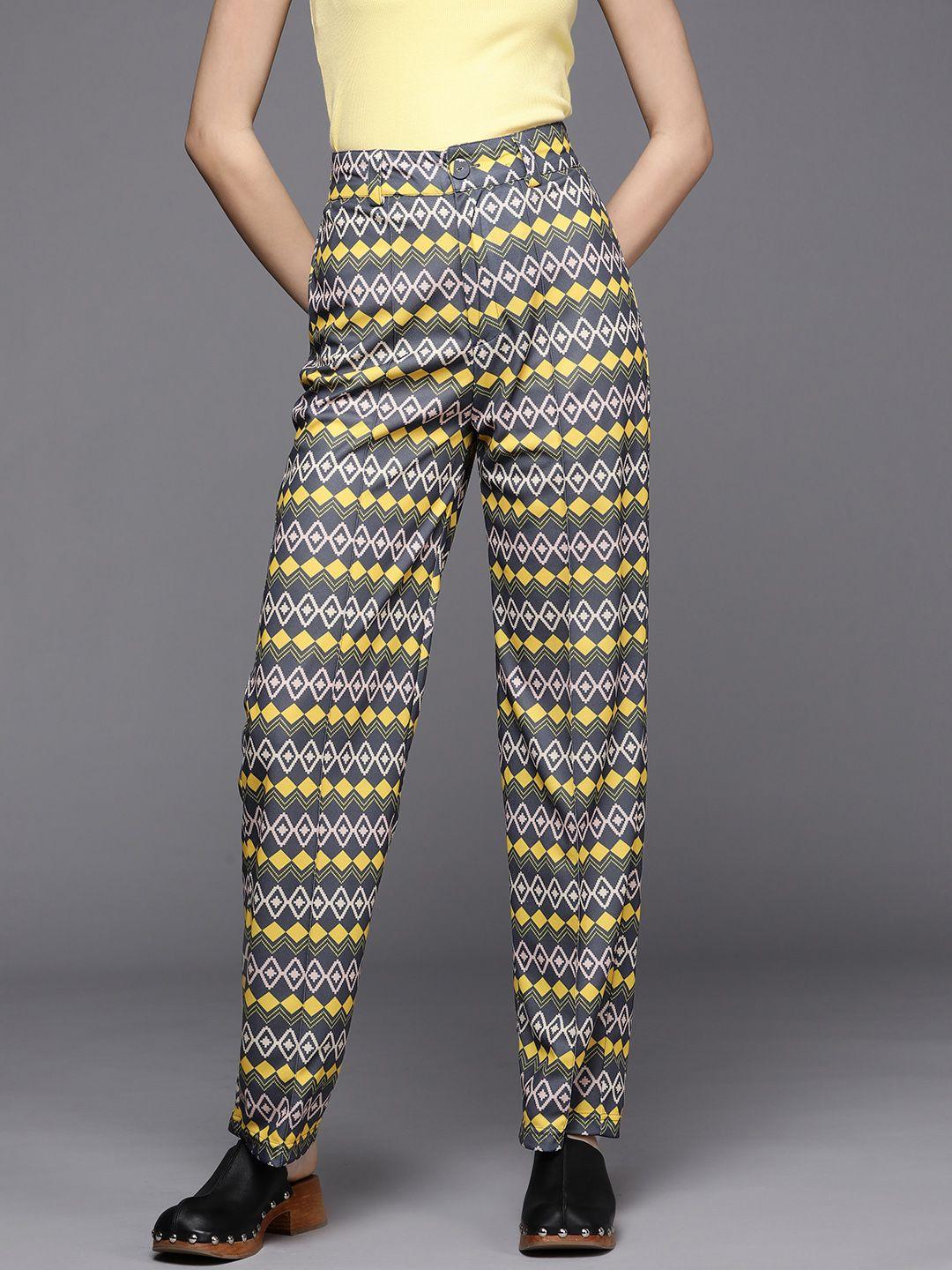 sassafras women yellow printed trousers