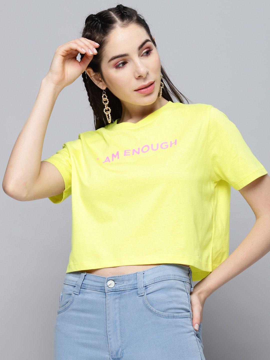 sassafras women yellow pure cotton printed drop-shoulder sleeves boxy t-shirt